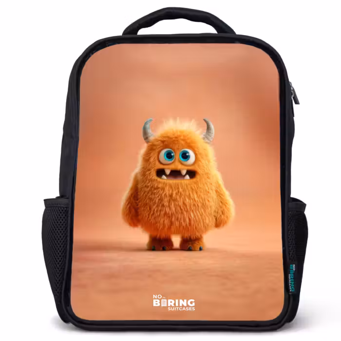 Kinderrugzak - Zwart - Oranje Pluizig Monster met Hoorns