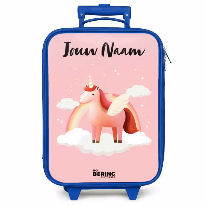 Kinderkoffer met naam - Blauw - Eenhoorn - Vleugels - Roze - Regenboog