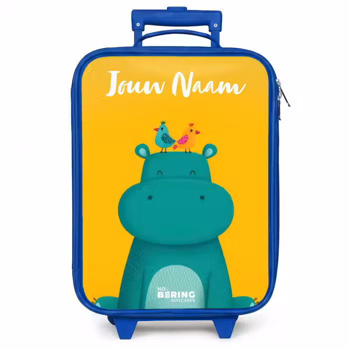 Kinderkoffer met naam - Blauw - Nijlpaard - Vogels - Geel
