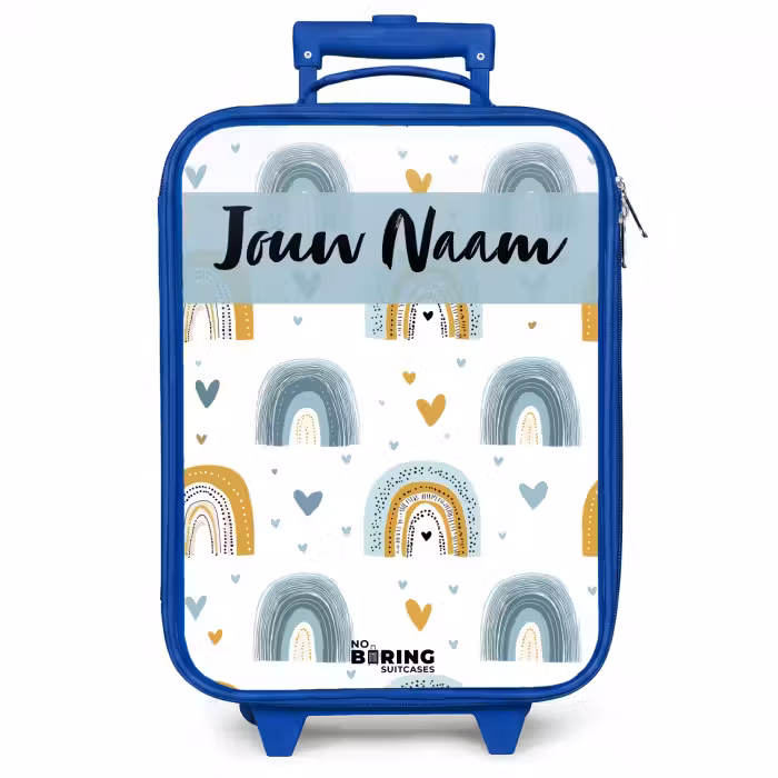 Kinderkoffer met naam - Blauw - Patroon - Regenboog - Hartjes
