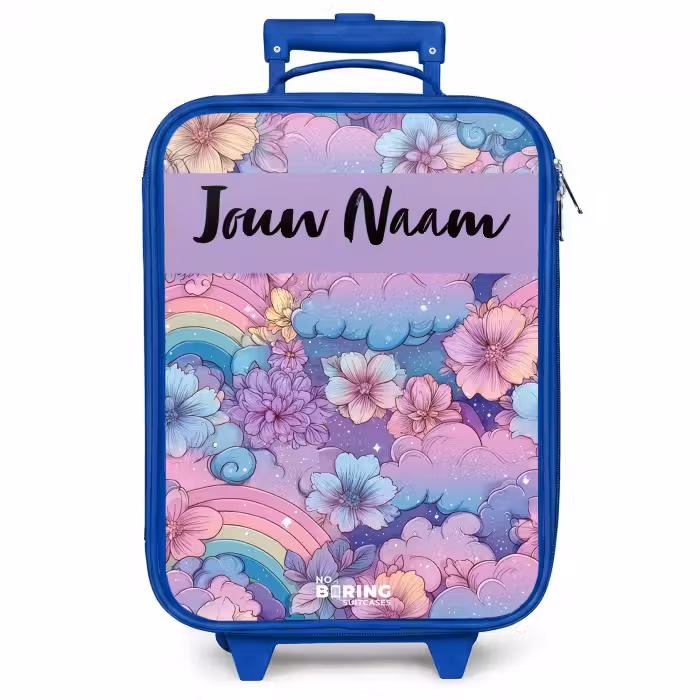 Kinderkoffer met naam - Blauw - Regenbogen - Bloemen - Kleurrijk