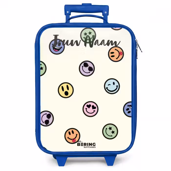 Kinderkoffer met naam - Blauw - Speelse smiley-mix