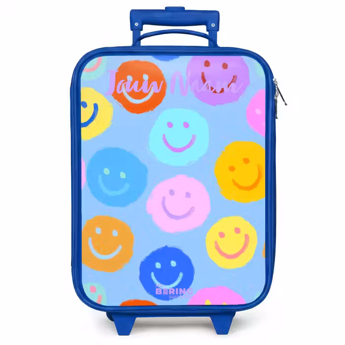 Kinderkoffer met naam - Blauw - Vrolijk patroon van smileys