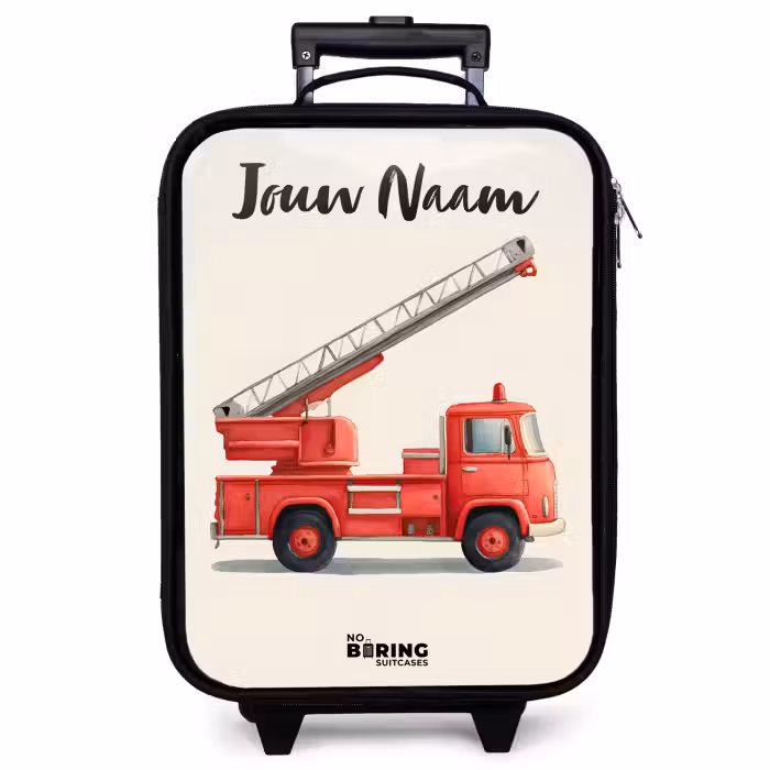 Kinderkoffer met naam - Zwart - Brandweerwagen - Getekend - Rood
