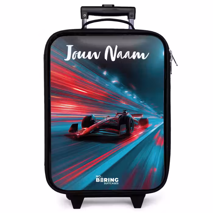 Kinderkoffer met naam - Zwart - Formule 1 - Raceauto - Rood - Neonverlichting