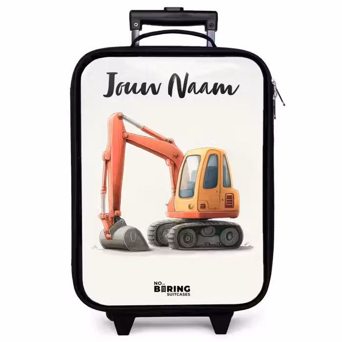 Kinderkoffer met naam - Zwart - Graafmachine - Getekend - Oranje