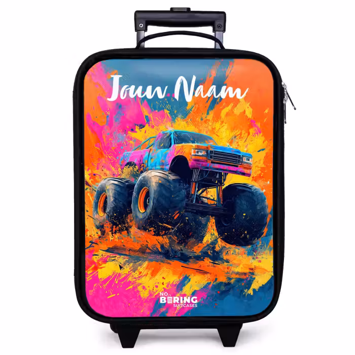 Kinderkoffer met naam - Zwart - Monstertruck - Abstract - Verfspatten - Kleurrijk