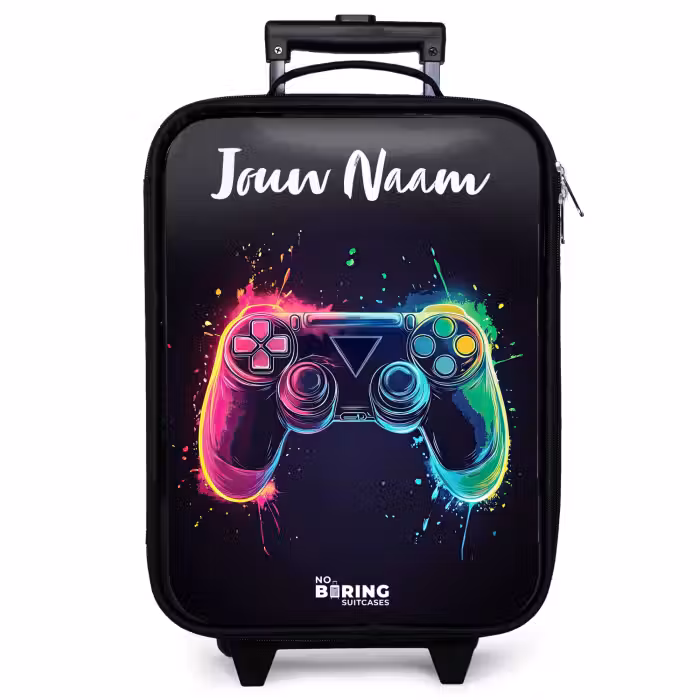Kinderkoffer met naam - Zwart - Neon - Controller - Verfspatten - Game