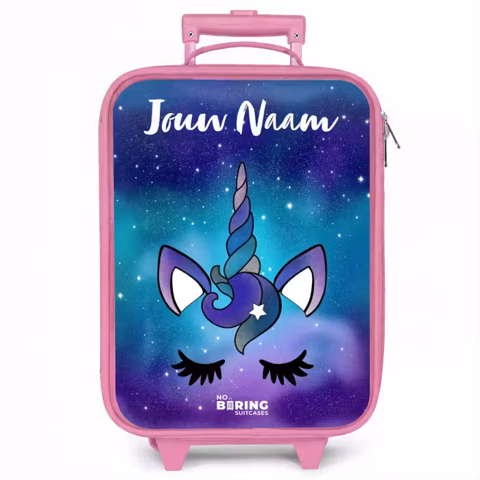 Kinderkoffer met naam - Roze - Eenhoorn - Sterrenhemel - Blauw
