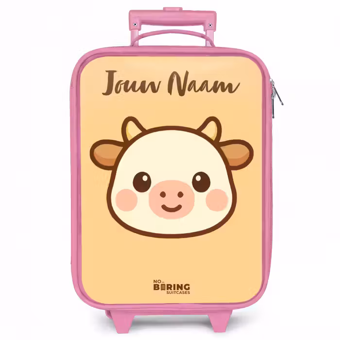 Kinderkoffer met naam - Roze - Kawai - Koe - Bruin