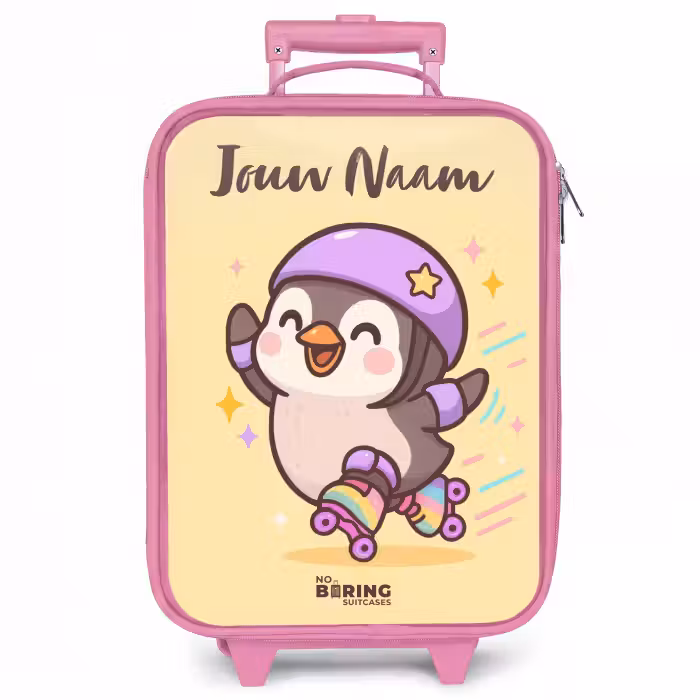 Kinderkoffer met naam - Roze - Kawai - Pinguin - Rolschaatsen