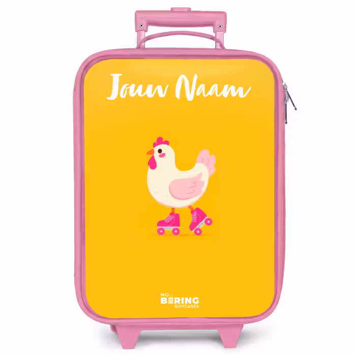 Kinderkoffer met naam - Roze - Kip - Rolschaatsen - Geel