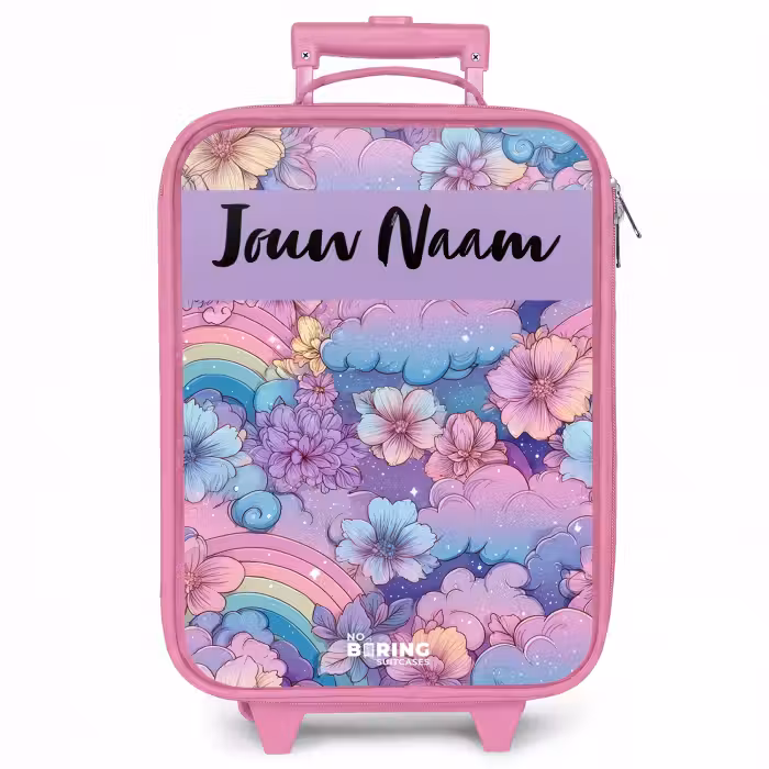 Kinderkoffer met naam - Roze - Regenbogen - Bloemen - Kleurrijk