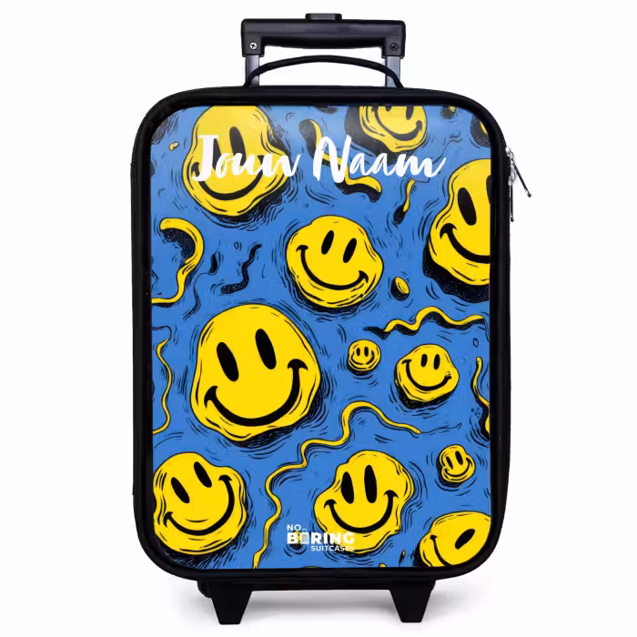 Kinderkoffer met naam - Zwart - Smiley - Blauw - Geel