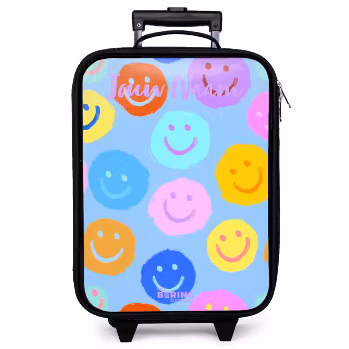 Kinderkoffer met naam - Zwart - Vrolijk patroon van smileys