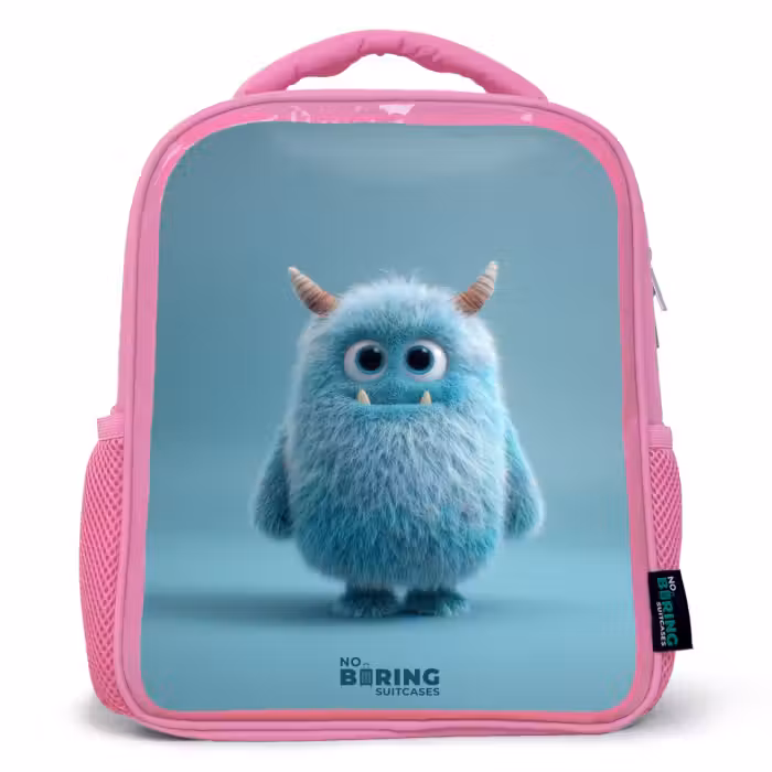 Kinderrugzak met naam - Roze - Blauw pluizig monster met hoorns