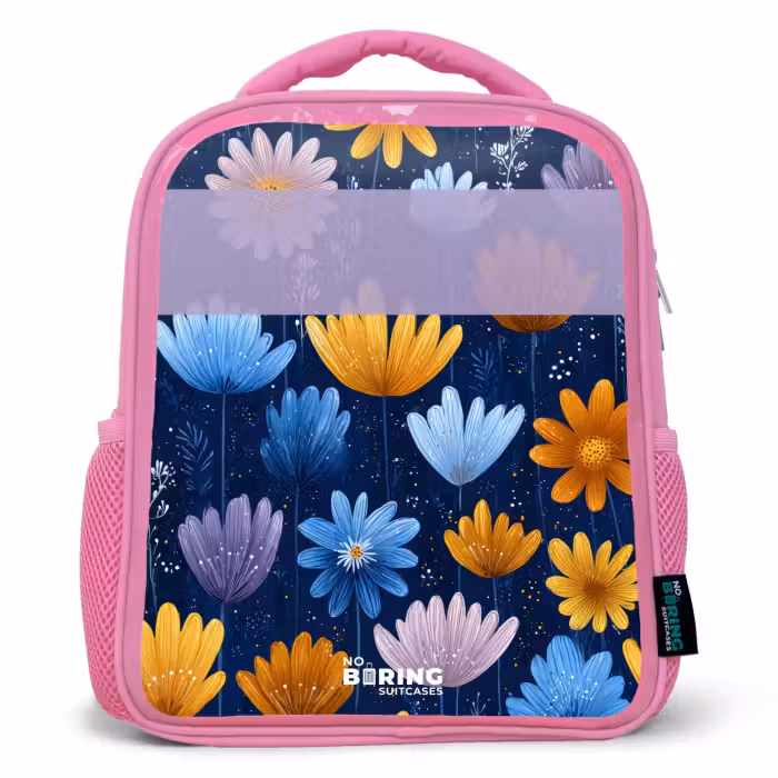 Kinderrugzak met naam - Roze - Bloemen - Patroon - Blauw