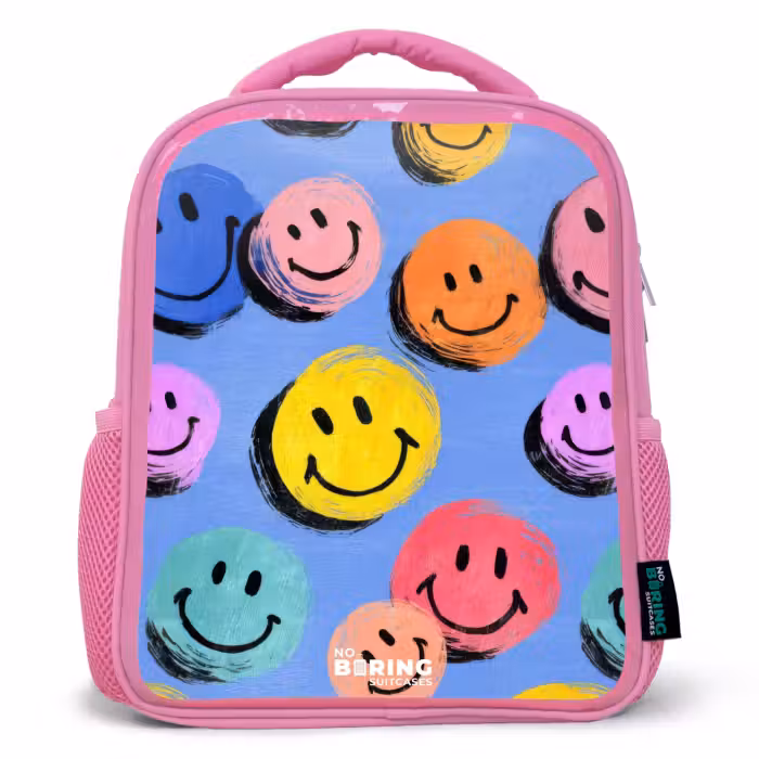 Kinderrugzak met naam - Roze - Een speels en kunstzinnig patroon van kleurrijke smileys