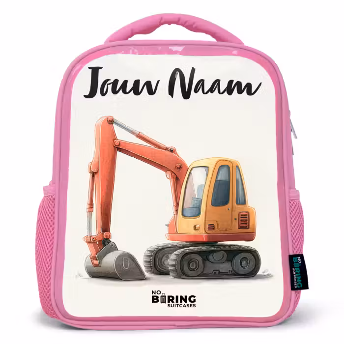 Kinderrugzak met naam - Roze - Graafmachine - Getekend - Oranje