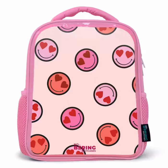 Kinderrugzak met naam - Roze - Hartje - Smiley - Patroon