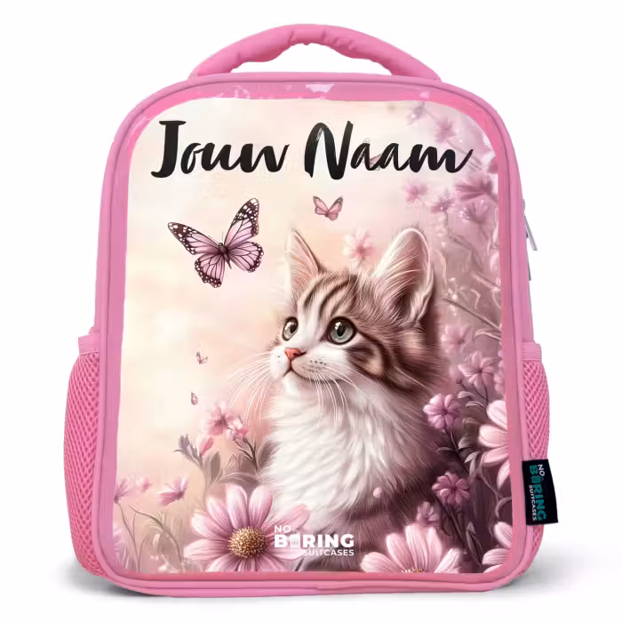 Kinderrugzak met naam - Roze - Kitten - Vlinders - Paars - Bloemen
