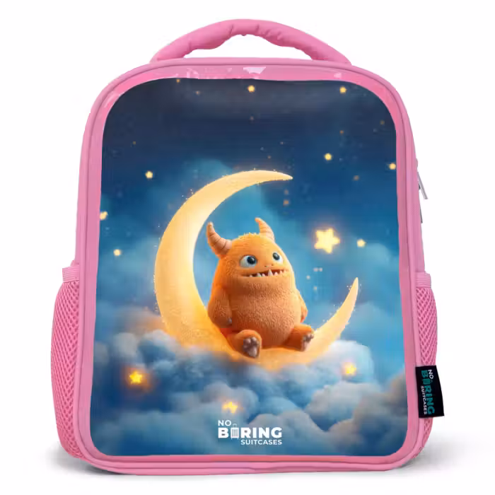 Kinderrugzak met naam - Roze - Oranje monster op maansikkel