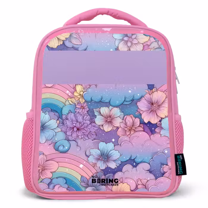 Kinderrugzak met naam - Roze - Regenbogen - Bloemen - Kleurrijk
