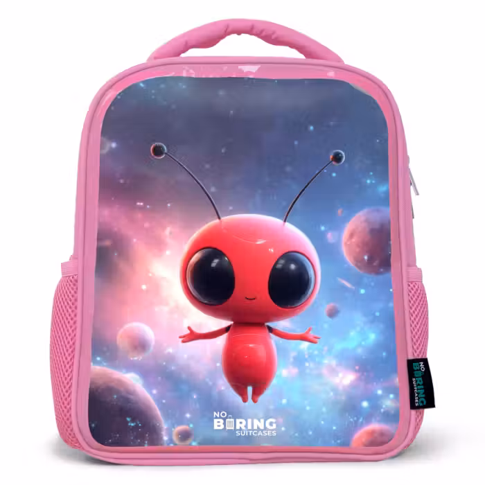 Kinderrugzak met naam - Roze - Rood Ruimtewezen in Kosmische Dans
