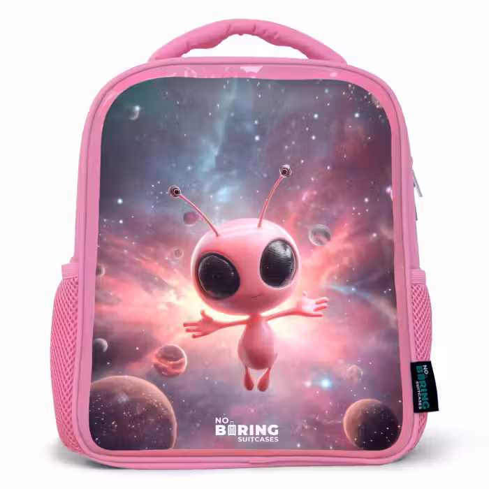 Kinderrugzak met naam - Roze - Roze Alien in Sterrennevel