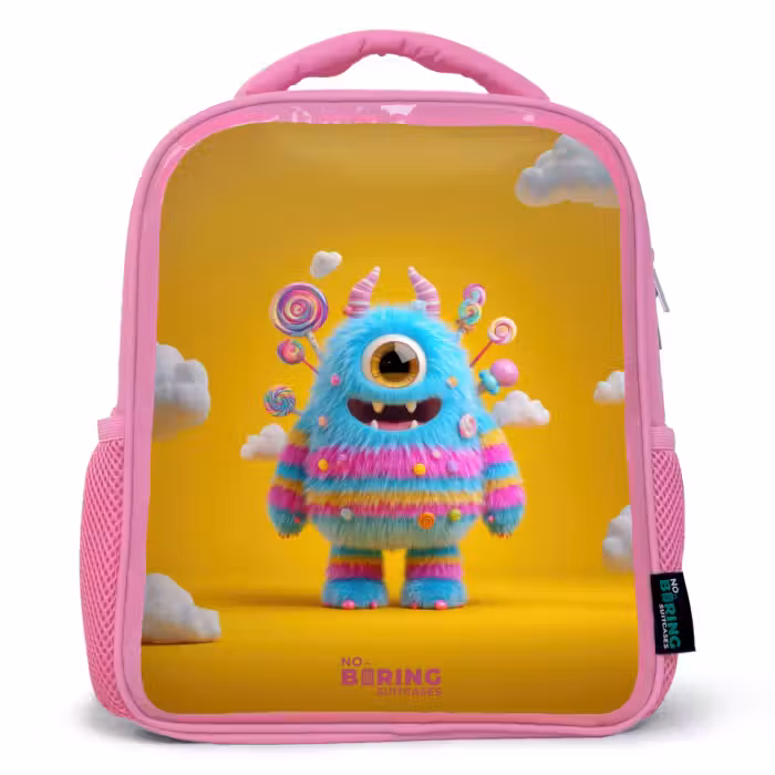 Kinderrugzak met naam - Roze - Snoep - Monster - Regenboog