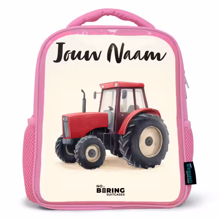 Kinderrugzak met naam - Roze - Tractor - Getekend - Rood