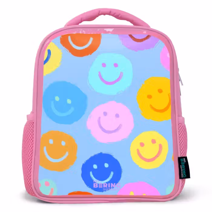 Kinderrugzak met naam - Roze - Vrolijk patroon van smileys