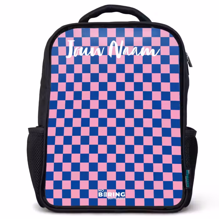 Kinderrugzak met naam - Zwart - Blokjes - Blauw - Roze