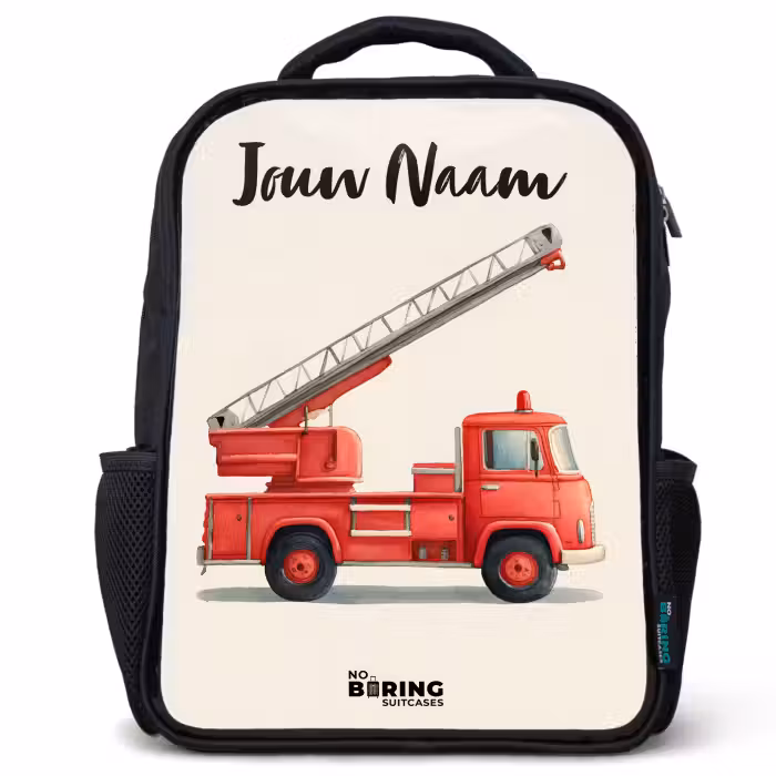 Kinderrugzak met naam - Zwart - Brandweerwagen - Getekend - Rood