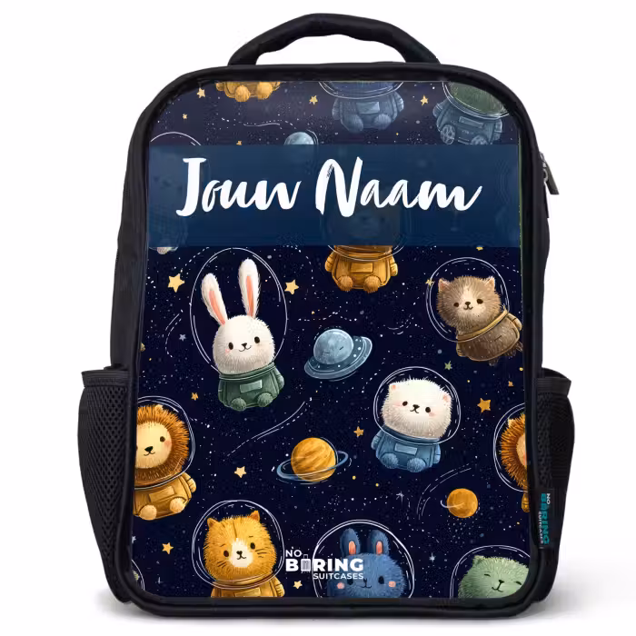 Kinderrugzak met naam - Zwart - Dieren - Astronaut - Planeten - Sterren