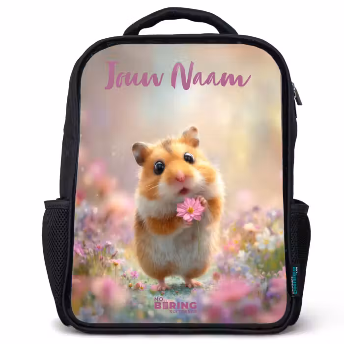 Kinderrugzak met naam - Zwart - Hamster - Bloem - Natuur - Dier