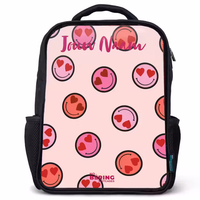 Kinderrugzak met naam - Zwart - Hartje - Smiley - Patroon