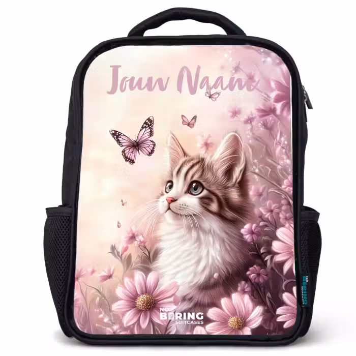 Kinderrugzak met naam - Zwart - Kitten - Vlinders - Paars - Bloemen