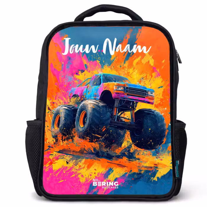 Kinderrugzak met naam - Zwart - Monstertruck - Abstract - Verfspatten - Kleurrijk