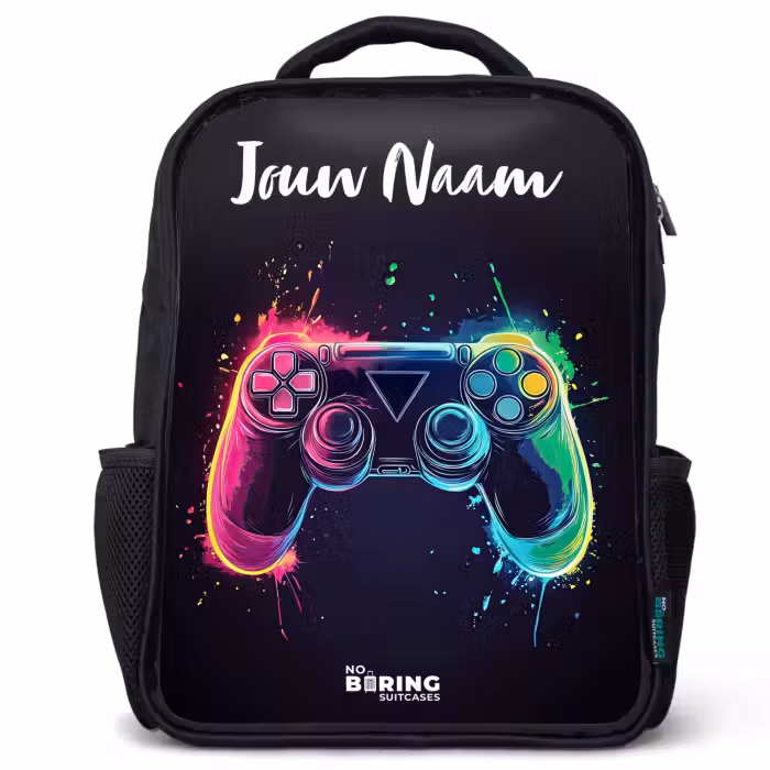 Kinderrugzak met naam - Zwart - Neon - Controller - Verfspatten - Game