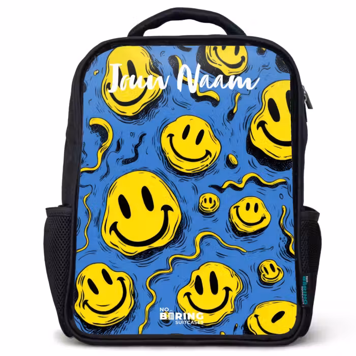 Kinderrugzak met naam - Zwart - Smiley - Blauw - Geel