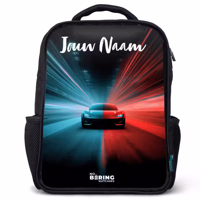 Kinderrugzak met naam - Zwart - Sportauto - Blauw - Neon - Stad