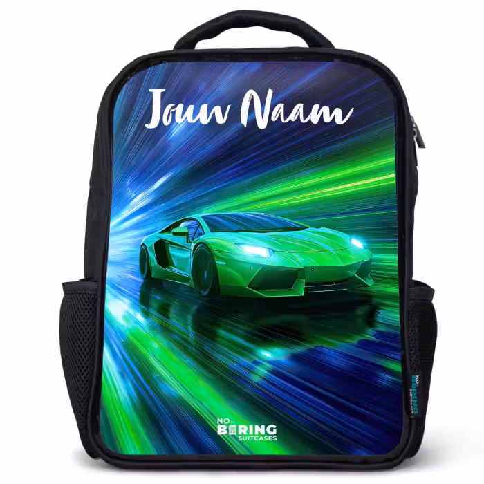 Kinderrugzak met naam - Zwart - Sportauto - Groen - Snelheidslijnen - Neon