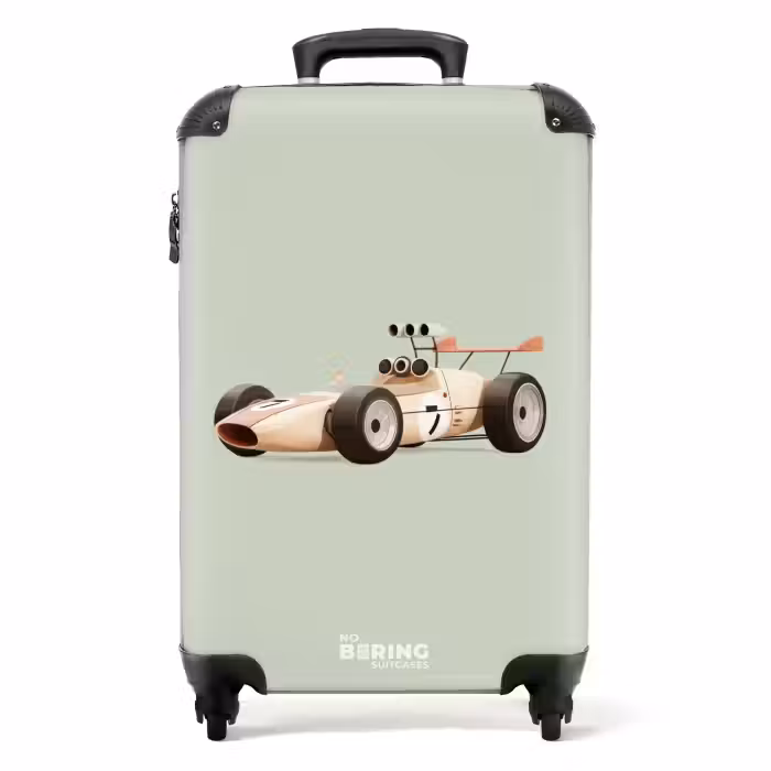 Koffer - Beige retro raceauto op groen achtergrond