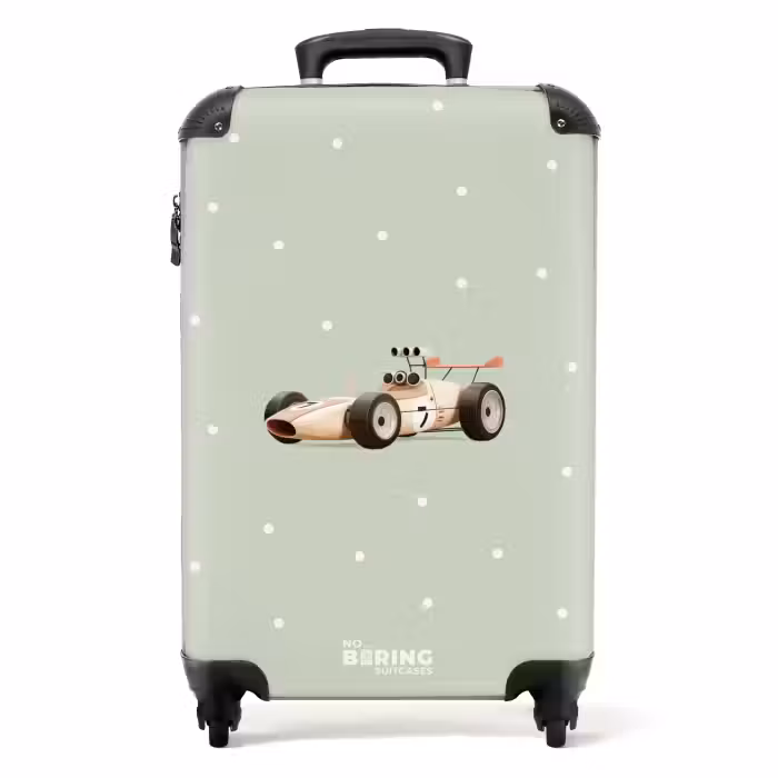 Koffer - Beige retro raceauto op groene stippen achtergrond