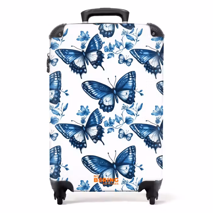 Koffer - Blauw - Vlinders - Bloemen - Wit
