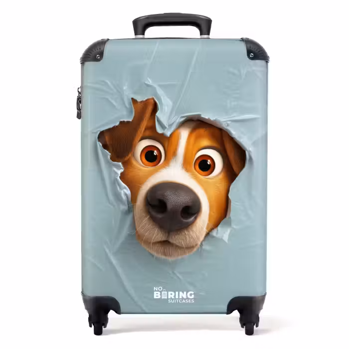 Koffer - Bruine hond door gescheurd blauw plastic