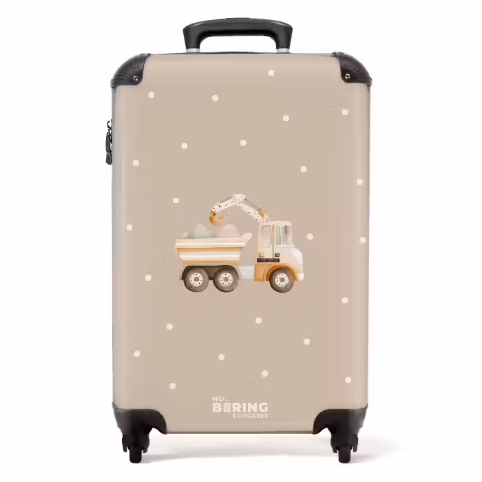 Koffer - Gele kiepwagen met stenen en stippenpatroon
