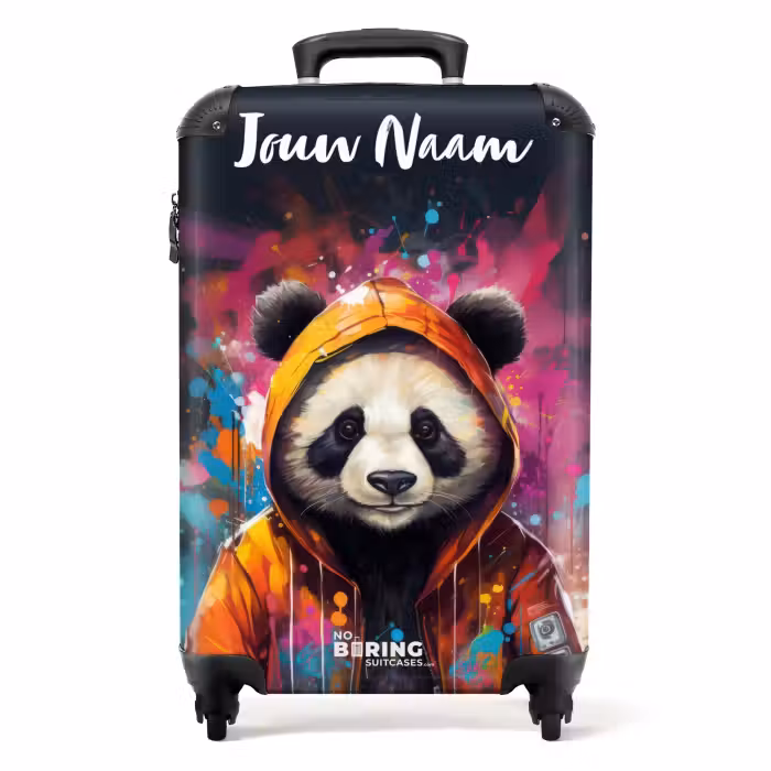 Koffer met naam - Panda met Oranje Jas en Verfspetters