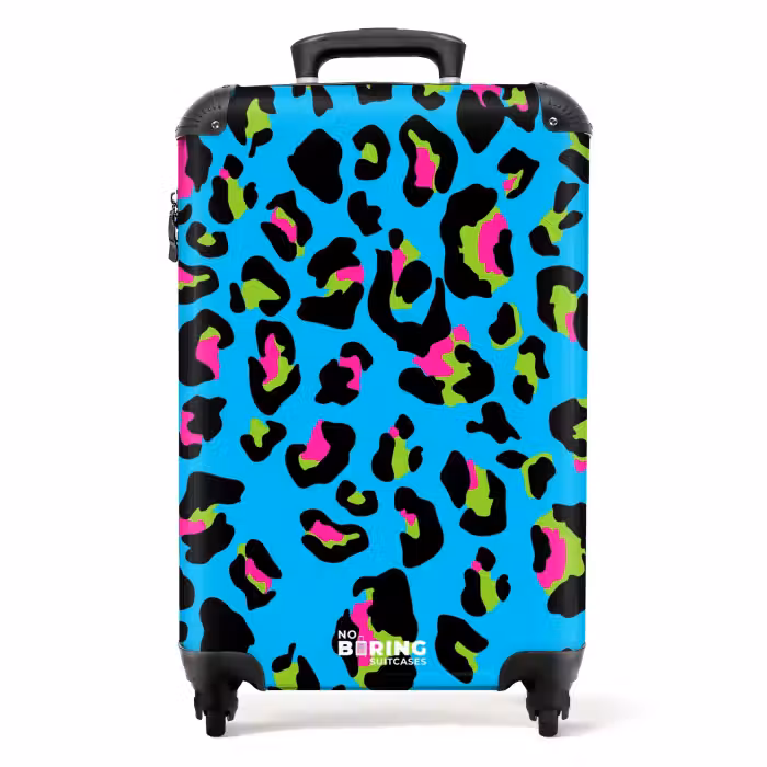 Koffer - Pantermotief in neonkleuren op blauwe achtergrond